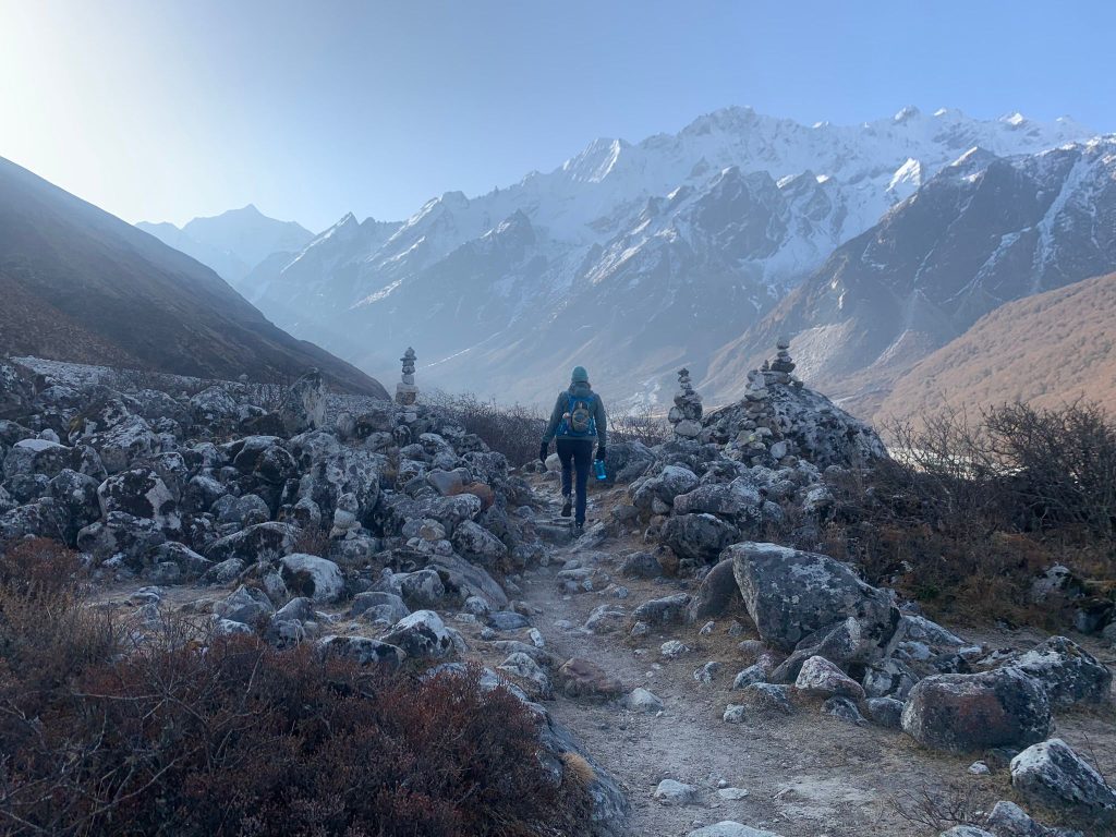 Students walking through the Langtang valley in the Himalayas, Nepal
