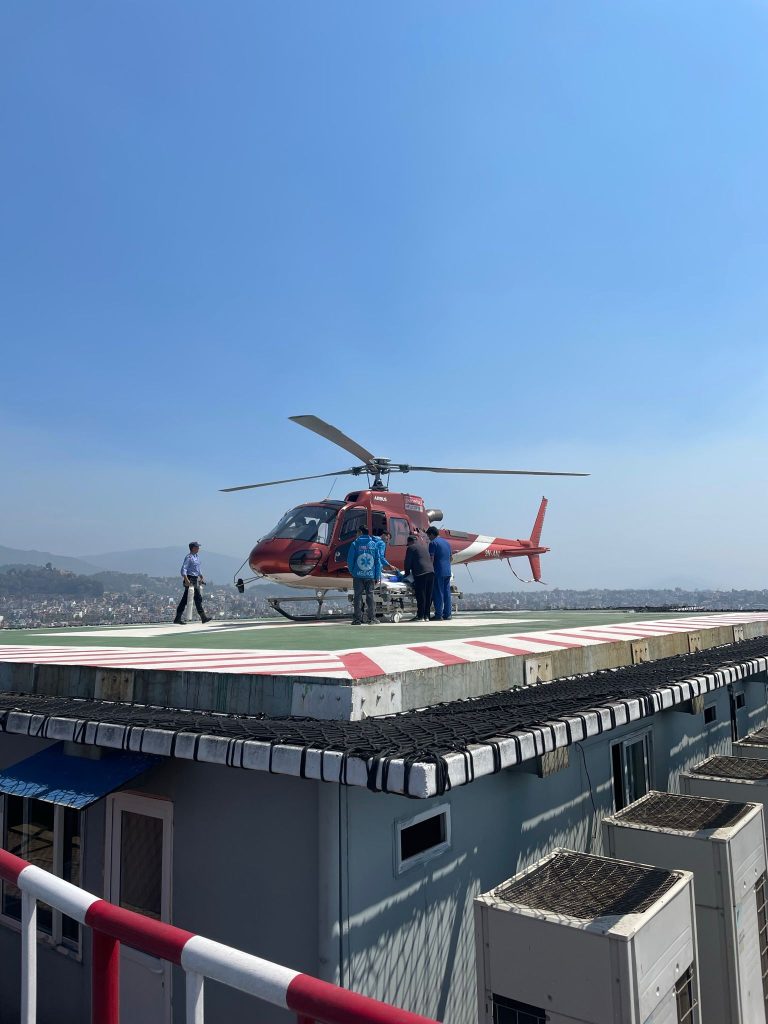 Medical elective student boarding a helicopter during their Kathmandu placement in Nepal
